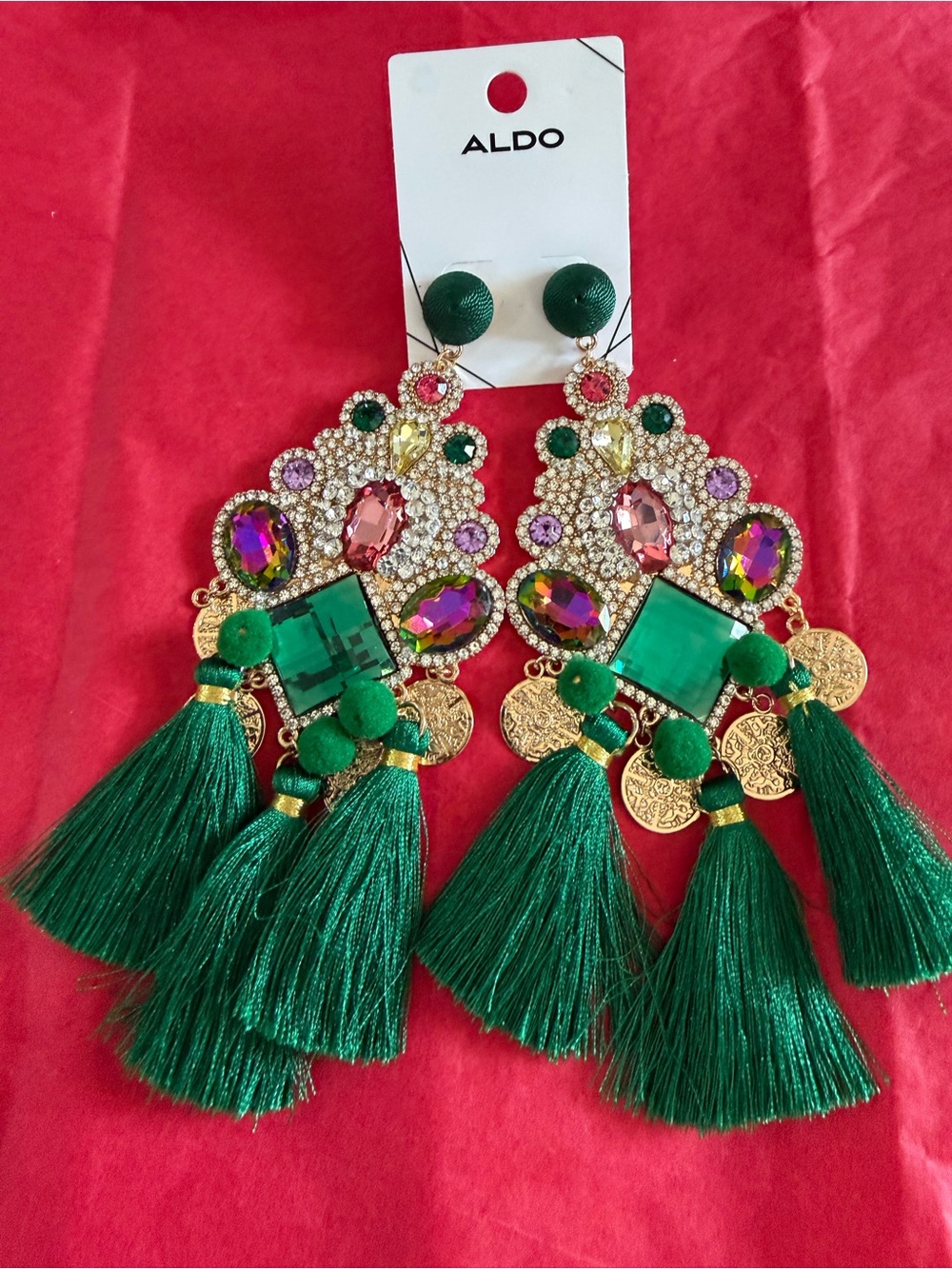 ALDO Green Tassel Statement Earrings with Gold Coin Accents